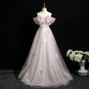 Scintillantes Rougissant Rose Appliques Perle Paillettes Robe De Bal 2025 Robe Boule De L Épaule Manches Courtes Dos Nu Longue Promo Robe De Ceremonie