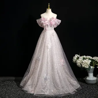Brillante Rosa Clara Apliques Perla Lentejuelas Vestidos De Gala 2025 Ball Gown Fuera Del Hombro Manga Corta Sin Espalda Largos Gala Vestidos Formales