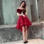 Chic / Beautiful Burgundy Cocktail Dresses 2018 A-Line / Princess Asymmetrical Suede Lace Flower Off-The-Shoulder Backless Short Sleeve Formal Dresses