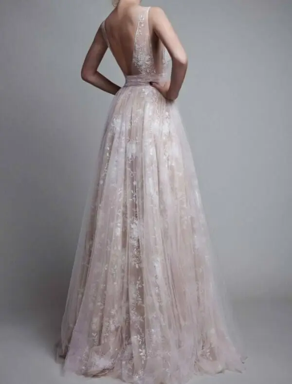 Sexy Beige Maxi Dresses 2018 A-Line / Princess Lace V-Neck Backless Sleeveless Floor-Length / Long Womens Clothing