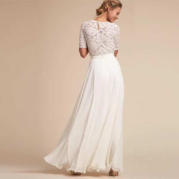 Modest / Simple White Maxi Dresses 2018 A-Line / Princess Lace Scoop Neck Short Sleeve Floor-Length / Long Womens Clothing