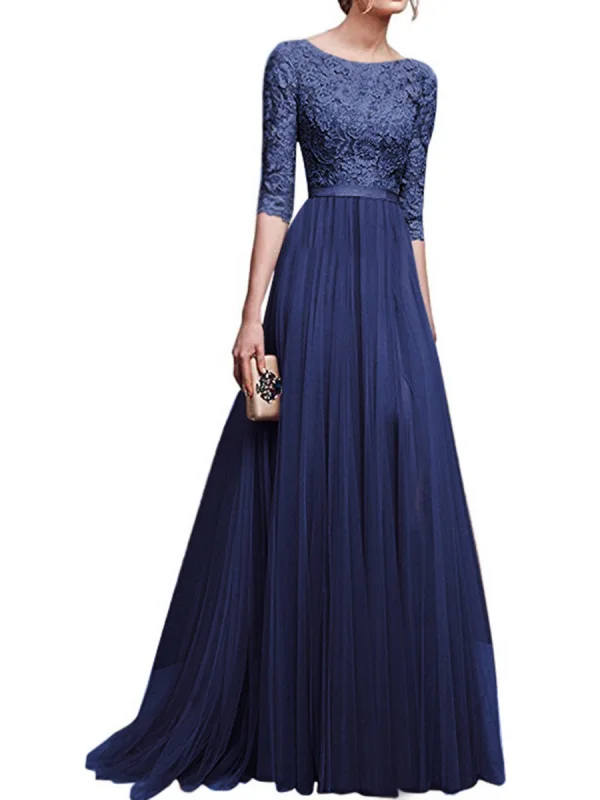 Modest / Simple Navy Blue Maxi Dresses 2018 A-Line / Princess Lace Sash Scoop Neck 1/2 Sleeves Floor-Length / Long Womens Clothing