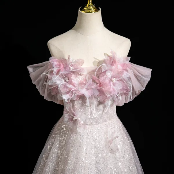 Glitzernden Rosa Applikationen Perle Pailletten Ballkleider 2025 Ballkleid Off Shoulder Kurze Ärmel Rückenfreies Lange Ball Festliche Kleider