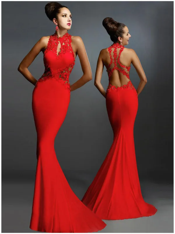 Modern / Fashion White Maxi Dresses 2018 Trumpet / Mermaid Lace Flower High Neck Sleeveless Sweep Train Womens Clothing