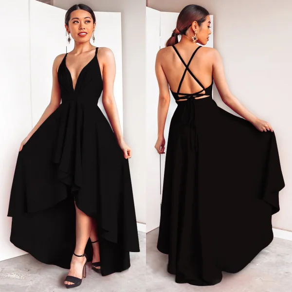 Chic / Belle Bordeaux Robes longues 2018 Princesse Noeud Asymétrique Bretelles Spaghetti Fond croisé plongeant Sans Manches Vêtements Femme