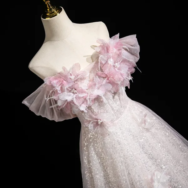 Glitzernden Rosa Applikationen Perle Pailletten Ballkleider 2025 Ballkleid Off Shoulder Kurze Ärmel Rückenfreies Lange Ball Festliche Kleider