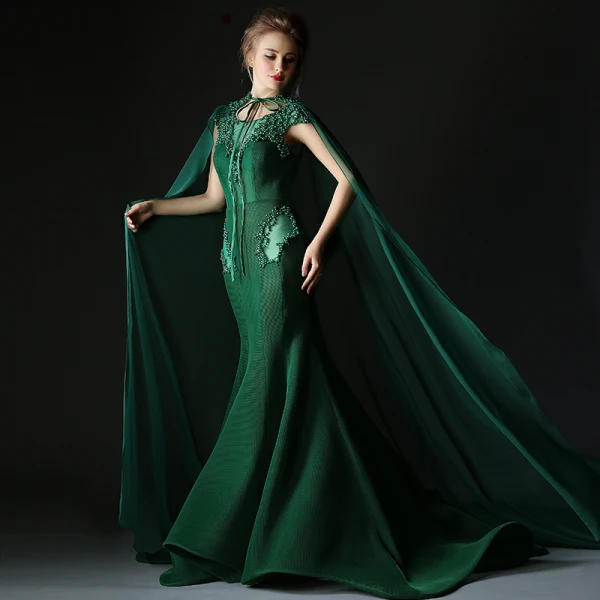 Luxury / Gorgeous Dark Green Evening Dresses With Cloak 2018 Trumpet / Mermaid Beading Pearl Rhinestone Scoop Neck Backless Sleeveless Sweep Train Formal Dresses