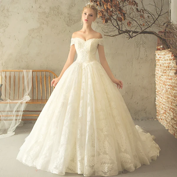 Elegant Champagne Wedding Dresses 2018 Ball Gown Lace Sequins Off-The-Shoulder Backless Short Sleeve Chapel Train Wedding