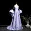 Elegant Lavender Pearl Appliques Prom Dresses 2025 A-Line / Princess Strapless Short Sleeve Backless Sweep Train Prom Formal Dresses