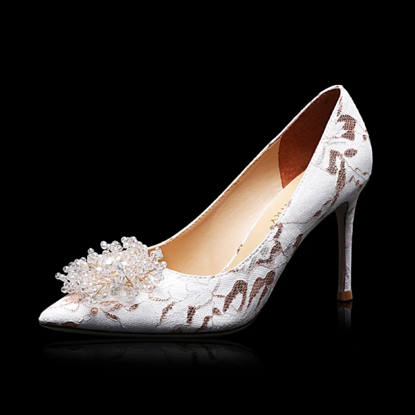 Charmig Elfenben Afton Beading Brudskor 2021 Läder 9 cm Stilettklackar Spetsiga Pumps Högklackade