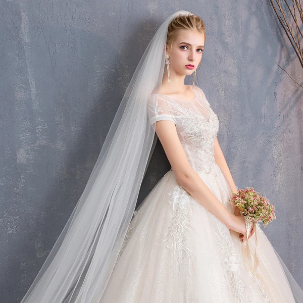 Modern / Fashion Champagne Wedding Dresses 2018 Ball Gown Beading Lace Flower Scoop Neck Backless Short Sleeve Floor-Length / Long Wedding