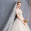 Modern / Fashion Champagne Wedding Dresses 2018 Ball Gown Beading Lace Flower Scoop Neck Backless Short Sleeve Floor-Length / Long Wedding