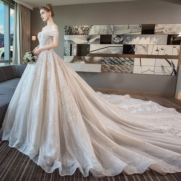 Luxury / Gorgeous Champagne Wedding Dresses 2018 Ball Gown Lace Beading Pearl Sequins Off-The-Shoulder Backless Short Sleeve Royal Train Wedding