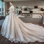 Luxury / Gorgeous Champagne Wedding Dresses 2018 Ball Gown Lace Beading Pearl Sequins Off-The-Shoulder Backless Short Sleeve Royal Train Wedding