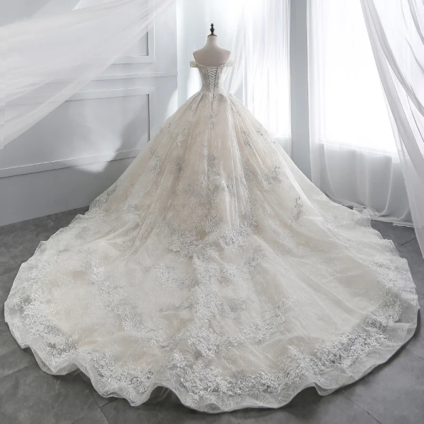 Luxury / Gorgeous Champagne Wedding Dresses 2018 Ball Gown Beading Lace Flower Crystal Pearl Rhinestone Sequins Off-The-Shoulder Backless Short Sleeve Royal Train Wedding