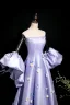 Elegant Lavender Pearl Appliques Prom Dresses 2025 A-Line / Princess Strapless Short Sleeve Backless Sweep Train Prom Formal Dresses
