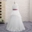 Chic / Belle Blanche Robe Ceremonie Fille 2017 Princesse Dentelle Volants Gland Dos Nu Encolure Dégagée Noeud Manches Longues Longue Mariage
