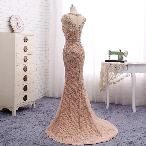 Amazing / Unique Champagne Evening Dresses 2017 Trumpet / Mermaid Beading Scoop Neck Zipper Up Short Sleeve Sweep Train Evening Party