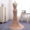 Amazing / Unique Champagne Evening Dresses  2017 Trumpet / Mermaid Beading Scoop Neck Zipper Up Short Sleeve Sweep Train Evening Party