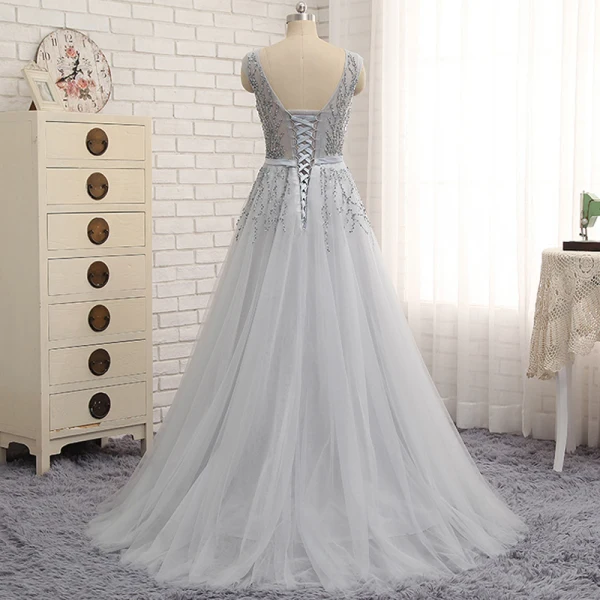 Chic / Beautiful Grey Evening Dresses  2017 A-Line / Princess Sequins Ruffle Sash V-Neck Sleeveless Floor-Length / Long Evening Party