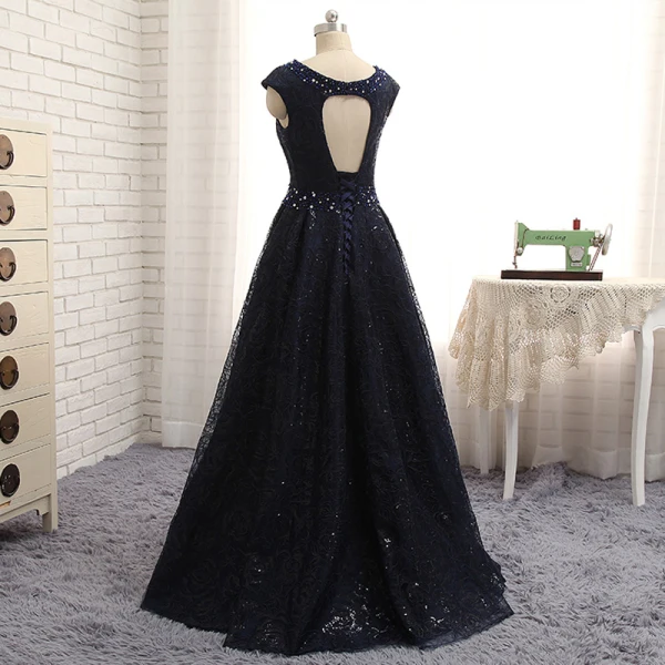 Chic / Belle Bleu Marine Robe De Soirée 2017 Princesse Perlage Paillettes Dos Nu Encolure Dégagée Sans Manches Longue Soirée