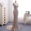 Amazing / Unique Champagne Evening Dresses  2017 Trumpet / Mermaid Beading Pearl V-Neck Backless Sleeveless Sweep Train Evening Party
