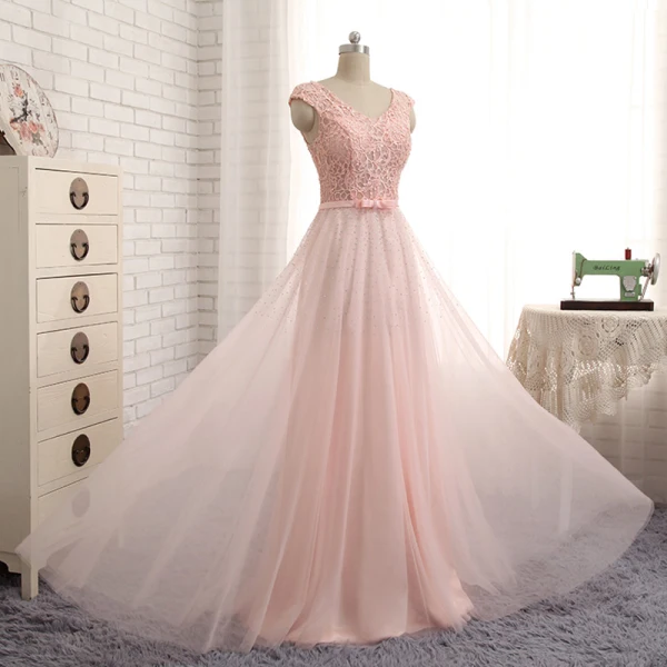 Chic / Beautiful Candy Pink Evening Dresses  2017 A-Line / Princess Lace Bow Rhinestone V-Neck Backless Sleeveless Floor-Length / Long Evening Party