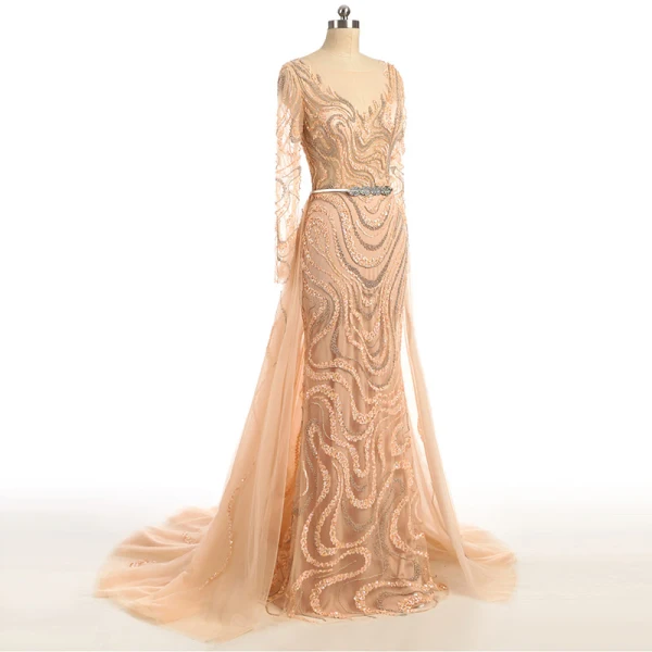 Amazing / Unique Champagne Evening Dresses  2017 Trumpet / Mermaid Sequins Beading Bow Scoop Neck Long Sleeve Sweep Train Evening Party