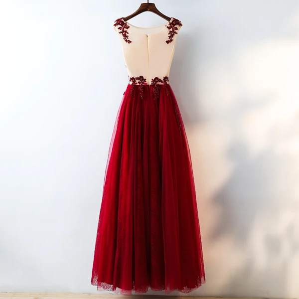 Chic / Beautiful Red Evening Dresses 2017 A-Line / Princess Lace Flower Crystal Artificial Flowers Scoop Neck Sleeveless Ankle Length Evening Party