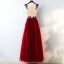 Chic / Beautiful Red Evening Dresses  2017 A-Line / Princess Lace Flower Crystal Artificial Flowers Scoop Neck Sleeveless Ankle Length Evening Party
