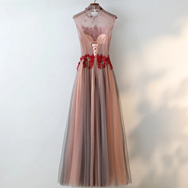 Chic / Beautiful Brown Evening Dresses 2017 A-Line / Princess Lace Flower Crystal Artificial Flowers High Neck Backless Sleeveless Ankle Length Evening Party