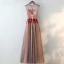 Chic / Beautiful Brown Evening Dresses  2017 A-Line / Princess Lace Flower Crystal Artificial Flowers High Neck Backless Sleeveless Ankle Length Evening Party