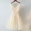 Chic / Beautiful Champagne Homecoming Graduation Dresses 2017 A-Line / Princess Lace Flower Backless Rhinestone V-Neck Sleeveless Short
