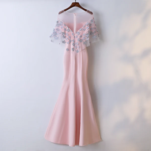 Chic / Beautiful Blushing Pink Evening Dresses 2017 Trumpet / Mermaid Lace Flower Artificial Flowers Scoop Neck Zipper Up 1/2 Sleeves Ankle Length Evening Party
