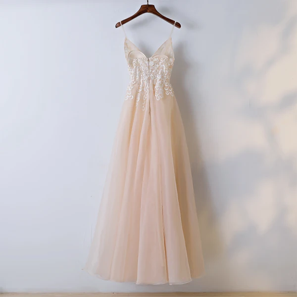 Chic / Belle Champagne Robe De Soirée 2017 Princesse En Dentelle Fleur V-Cou Fermeture éclair Sans Manches Longueur Cheville Soirée