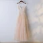 Chic / Belle Champagne Robe De Soirée 2017 Princesse En Dentelle Fleur V-Cou Fermeture éclair Sans Manches Longueur Cheville Soirée