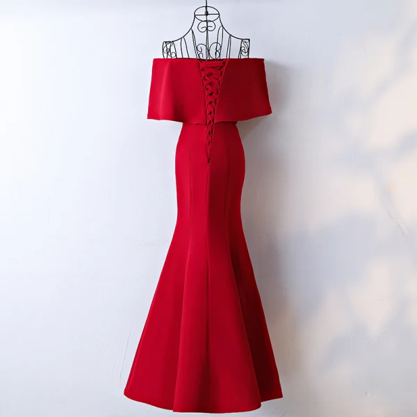 Schöne Rot Abendkleider Mermaid 2017 Off Shoulder Kurze Ärmel Knöchellänge Abend
