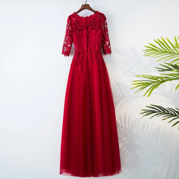 Chic / Beautiful Red Evening Dresses 2017 A-Line / Princess Lace Flower Scoop Neck Zipper Up 3/4 Sleeve Ankle Length Evening Party