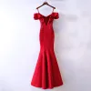 Sexy Red Evening Dresses  2017 Trumpet / Mermaid Lace Flower Crystal Sequins Zipper Up Off-The-Shoulder Spaghetti Straps Short Sleeve Ankle Length Evening Party