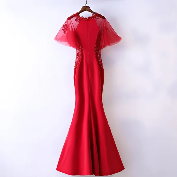 Chic / Beautiful Red Evening Dresses 2017 Trumpet / Mermaid Flower Lace Sequins Beading Scoop Neck Zipper Up Short Sleeve Ankle Length Evening Party
