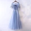 Chic / Beautiful Ocean Blue Evening Dresses  2017 A-Line / Princess Beading Pearl Lace Flower Scoop Neck Backless Short Sleeve Ankle Length Evening Party