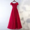 Chic / Beautiful Red Evening Dresses  2017 A-Line / Princess Artificial Flowers Beading Lace Flower Square Neckline Ankle Length Evening Party