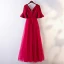 Chic / Beautiful Red Evening Dresses  2017 A-Line / Princess Lace Flower V-Neck Backless 1/2 Sleeves Ankle Length Evening Party