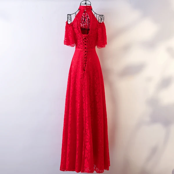 Chic / Belle Rouge Robe De Soirée 2017 Princesse En Dentelle Noeud Col Haut Bustier Dos Nu Manches Courtes Longueur Cheville Soirée