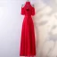 Chic / Belle Rouge Robe De Soirée 2017 Princesse En Dentelle Noeud Col Haut Bustier Dos Nu Manches Courtes Longueur Cheville Soirée