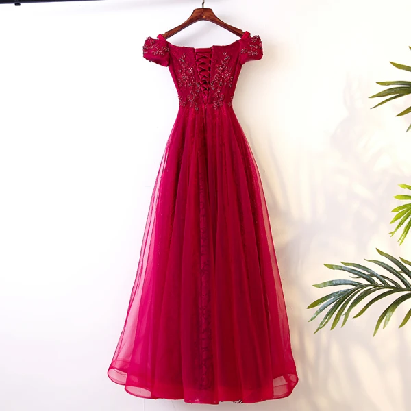 Chic / Belle Rouge Robe De Soirée 2017 Princesse Dentelle Perlage De l'épaule Dos Nu Manches Courtes Longueur Cheville Soirée