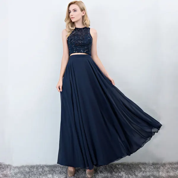 two piece prom dresses navy blue Two Piece Satin Halter Navy Blue Prom Dresses High Neckline Beaded Poc –  Hoprom main image 0