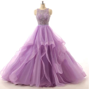 Romantique Lilas Robe De Bal Robe Boule Encolure Dégagée Sans Manches Dos Nu Bretelles Spaghetti Organza Robe De Ceremonie