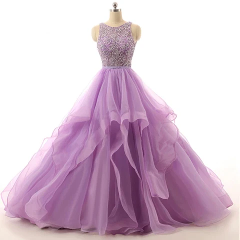Romantisch Lila Ballkleider Ballkleid Rundhalsausschnitt Ärmellos Rückenfreies Spaghettiträger Organza Festliche Kleider