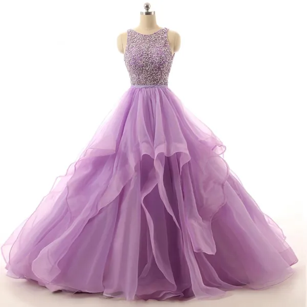 Romantic Lilac Prom Dresses Ball Gown Scoop Neck Sleeveless Backless Spaghetti Straps Organza Formal Dresses